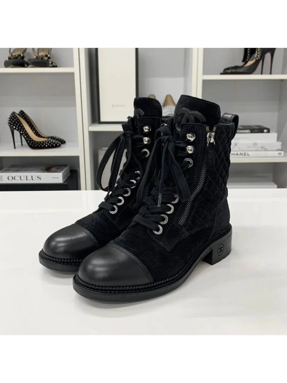 Chanel CC Logo Suede Leather Quilted Short Boots